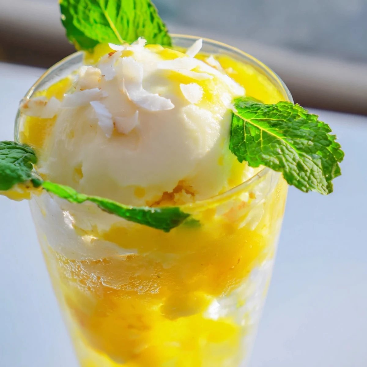 Golden tropical paradise rebel float with layered pineapple mango puree and vanilla ice cream