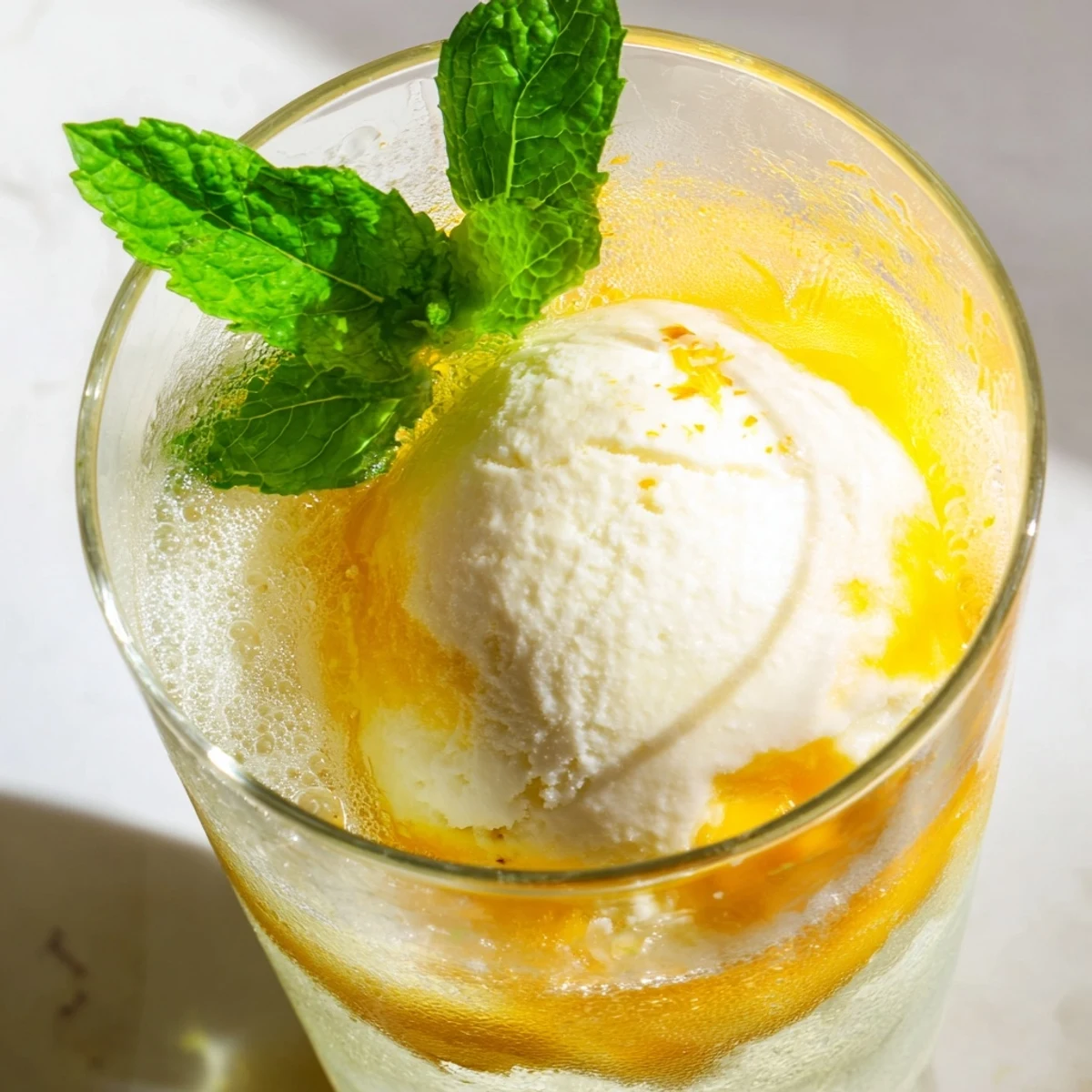Creamy vegan float topped with fresh mint pineapple wedge and fizzy lemon lime soda