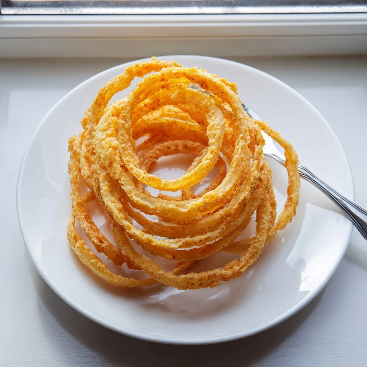 Crispy fried onion ring chips stacked high showcasing their ultra-thin crunchy texture