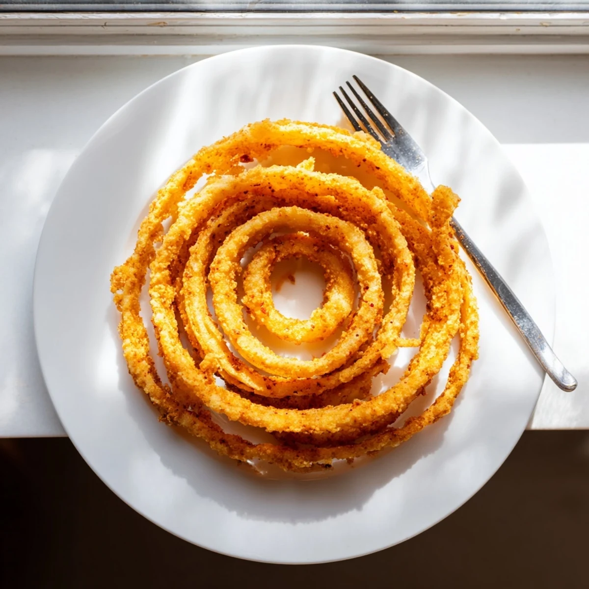 Homemade onion ring chips fresh from the fryer glistening with oil and paprika