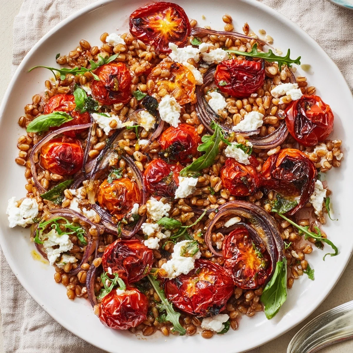 Colorful slow roasted tomato farro salad with chewy grains and caramelized tomatoes
