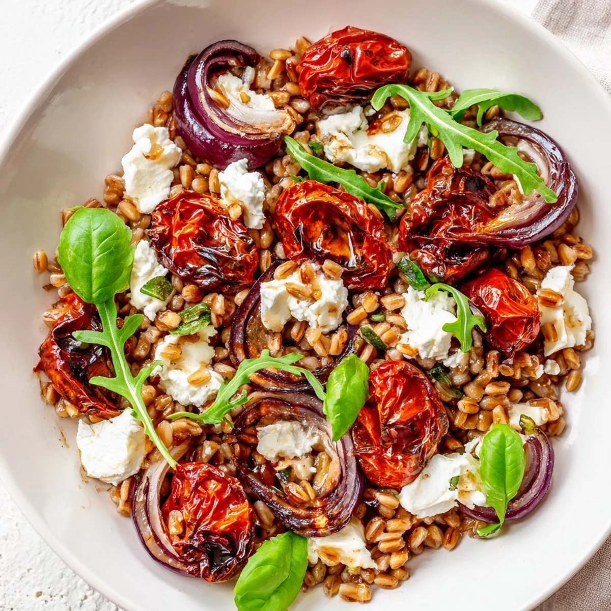 Vibrant bowl of slow roasted tomato farro salad featuring fresh herbs and arugula
