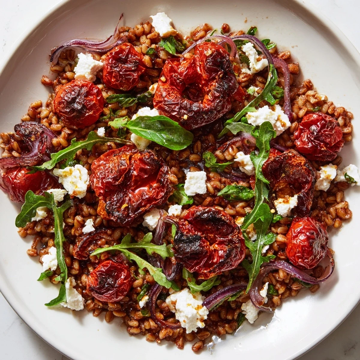 Hearty Mediterranean farro salad topped with crumbled feta and slow-roasted cherry tomatoes