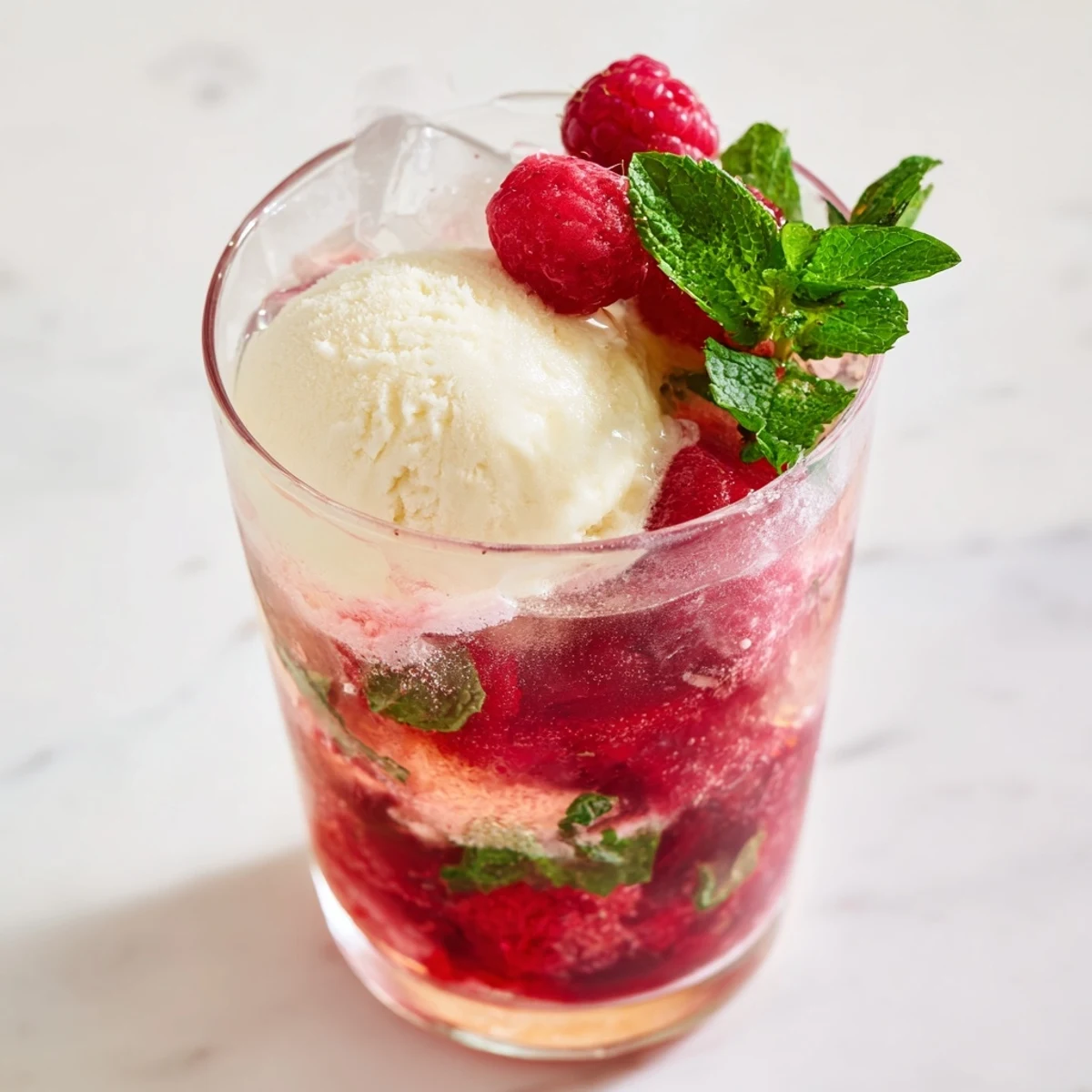 Raspberry Mint Mojito Rebel Float Mocktail topped with melting vanilla ice cream and fresh mint