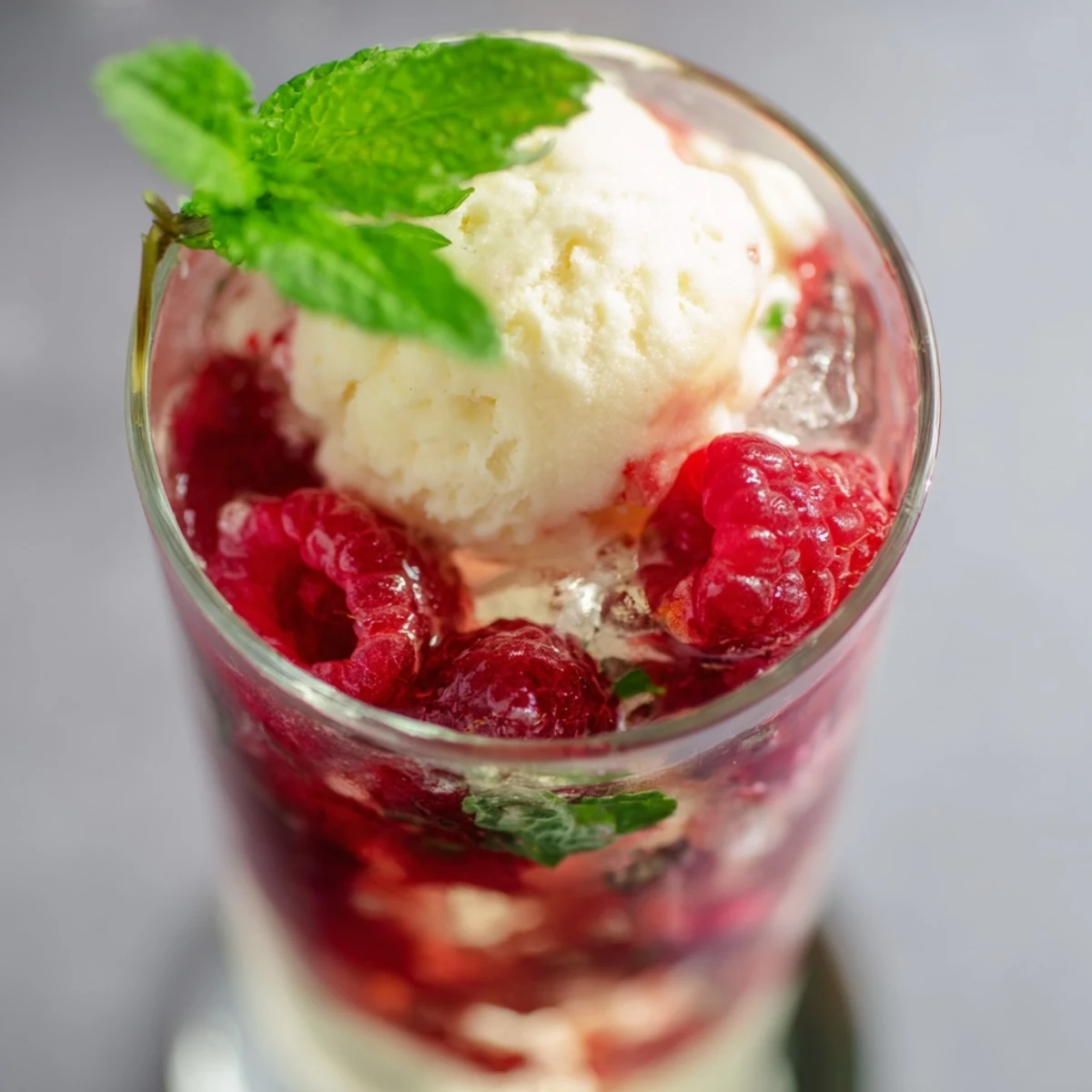 Tall glass of refreshing raspberry mint mojito rebel float mocktail with crushed berries and lime