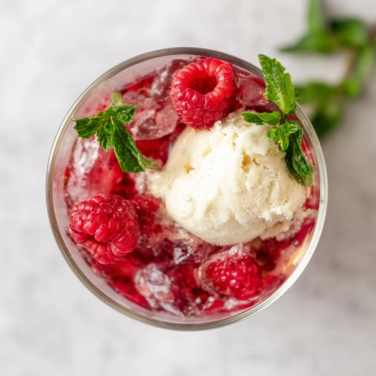 Non-alcoholic raspberry mint mojito rebel float mocktail garnished with raspberries and creamy vanilla scoop