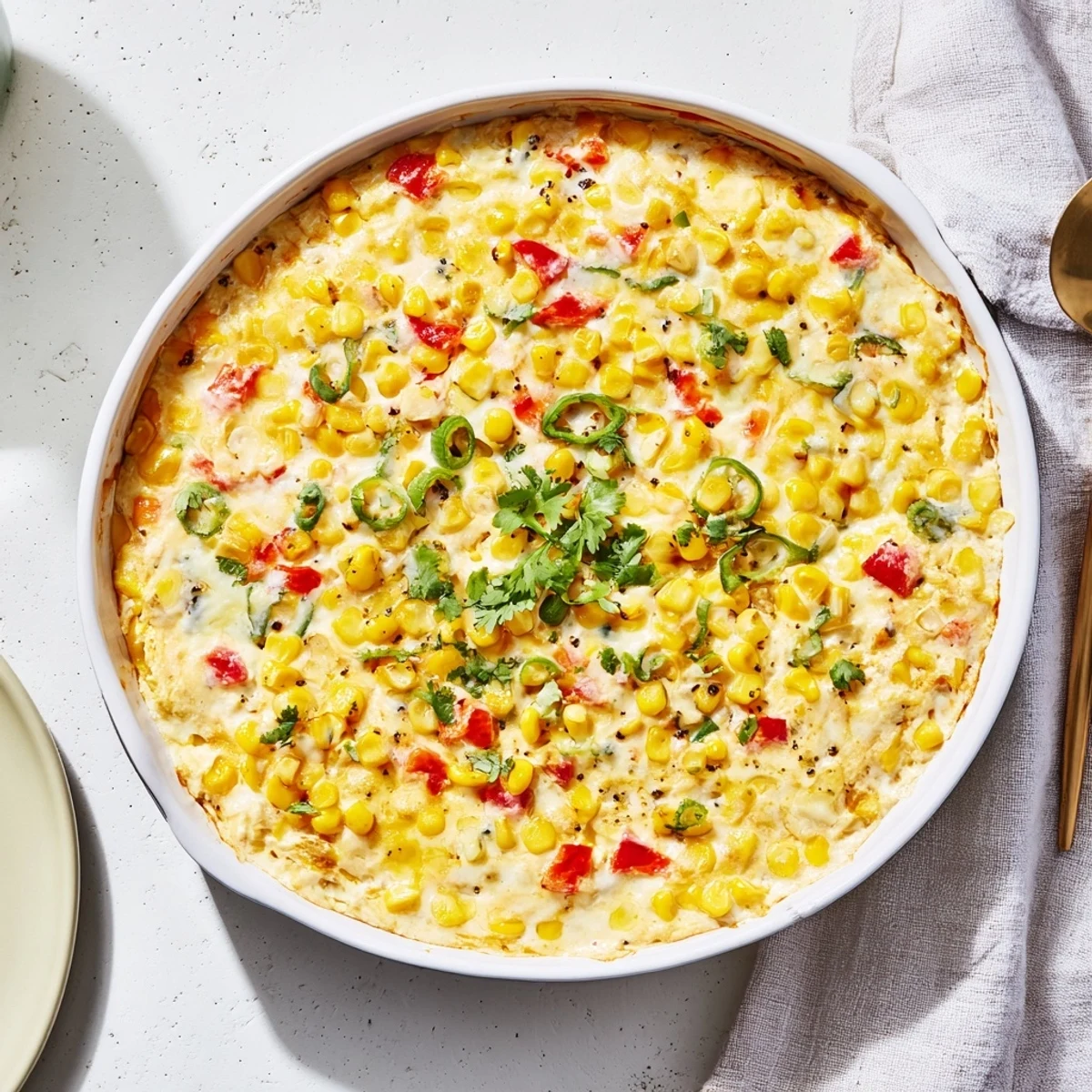 Golden baked corn dip with melted cheddar and peppers served warm with tortilla chips