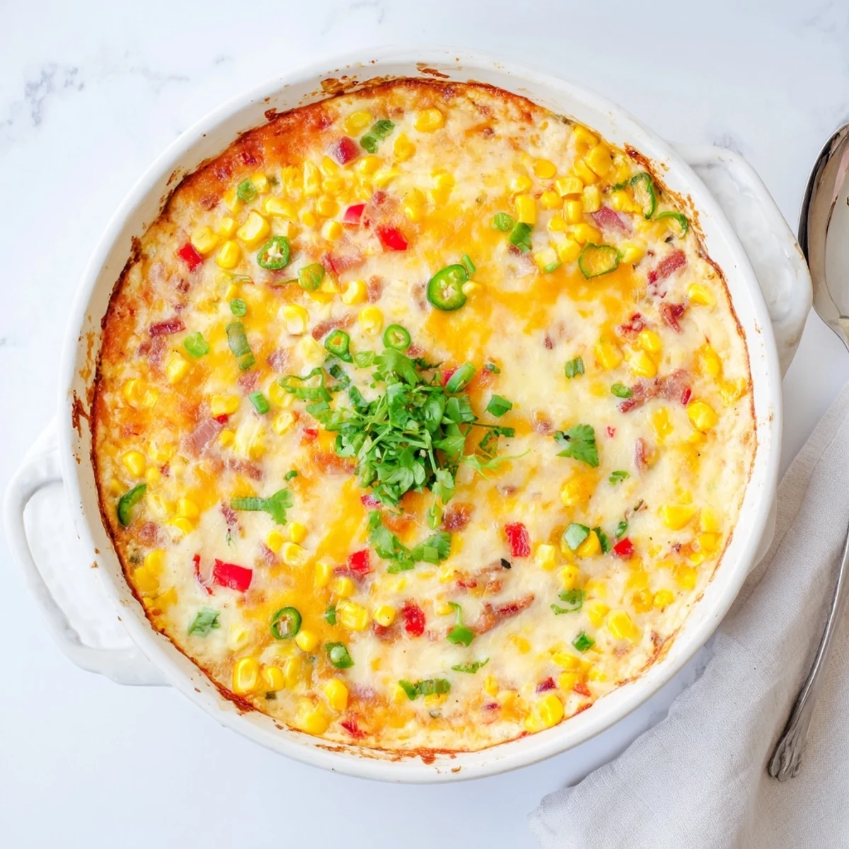 Creamy corn dip bubbling in a baking dish topped with shredded cheese and green onions