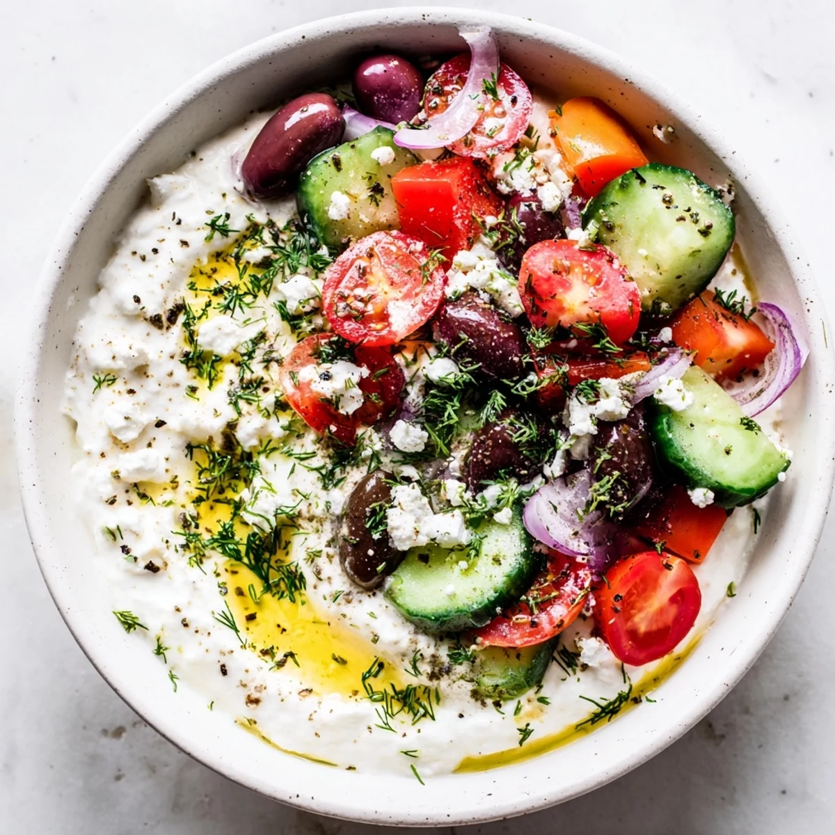 Protein-packed Greek salad cottage cheese bowl with crisp vegetables and tangy feta cheese ready to serve