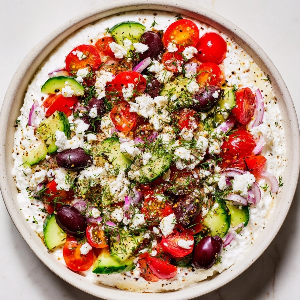 Creamy cottage cheese topped with fresh cherry tomatoes, cucumber, and herbs in a Mediterranean-style bowl