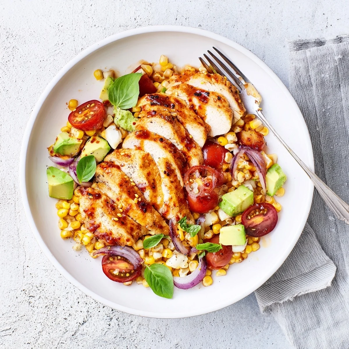 Grilled hot honey chicken with glistening spicy sweet glaze sliced over vibrant sweet corn salad with fresh tomatoes, avocado, and herbs