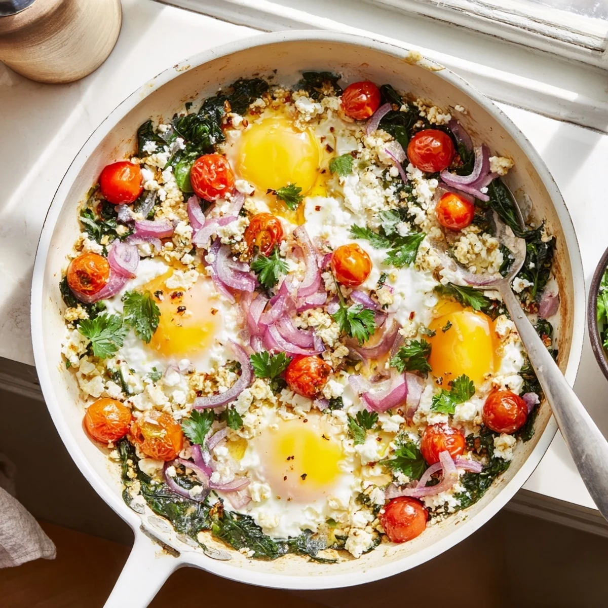 Golden baked feta eggs nestled with wilted spinach and blistered cherry tomatoes in a rustic skillet