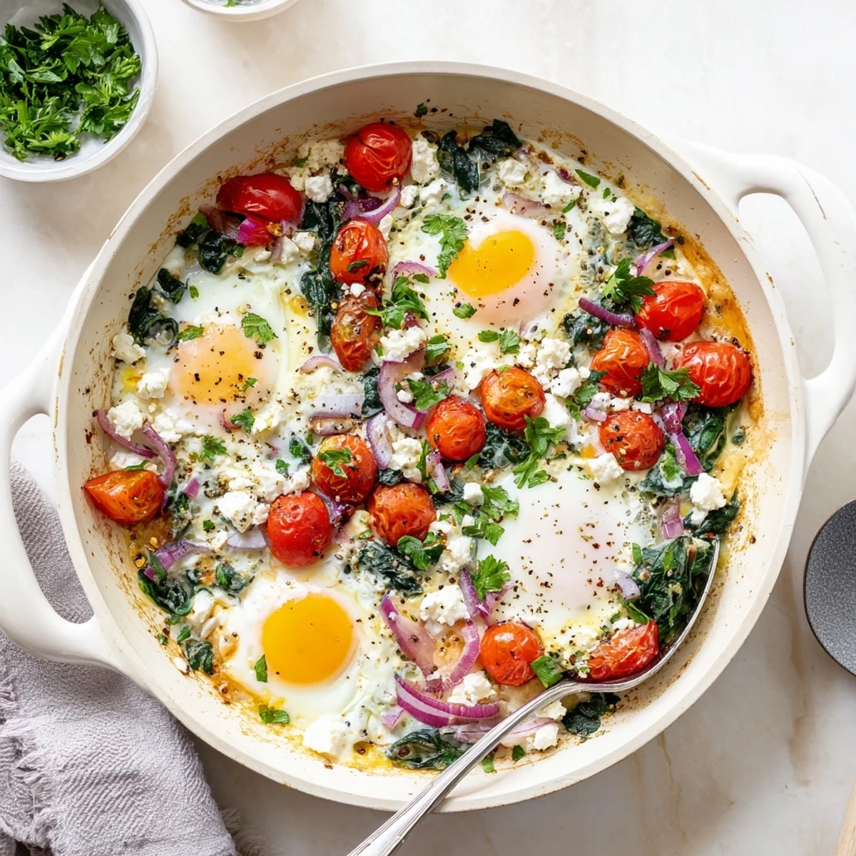 Creamy Mediterranean baked feta eggs with vibrant spinach and roasted tomatoes fresh from the oven