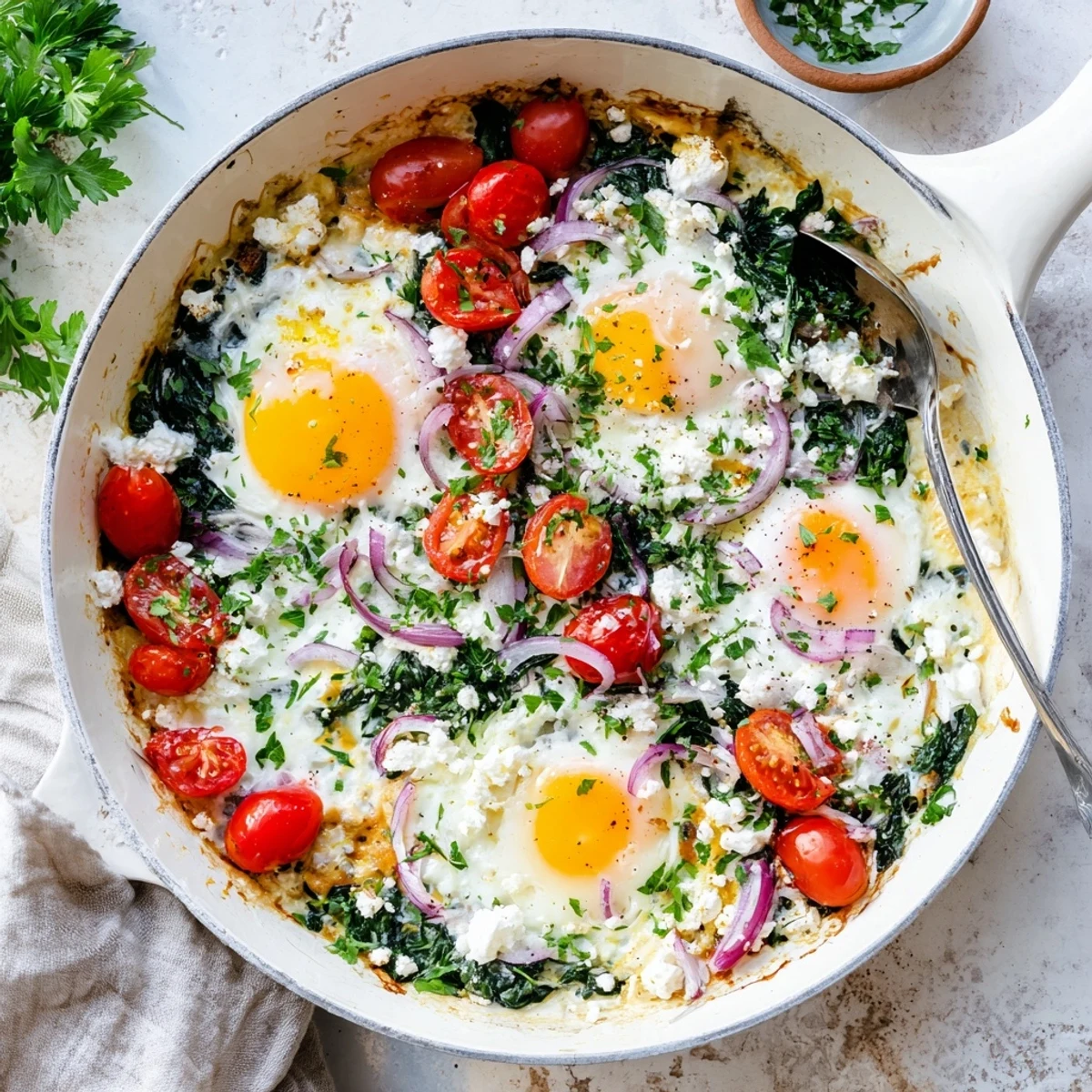 Savory baked feta eggs bubbling alongside tender spinach and sweet cherry tomato halves