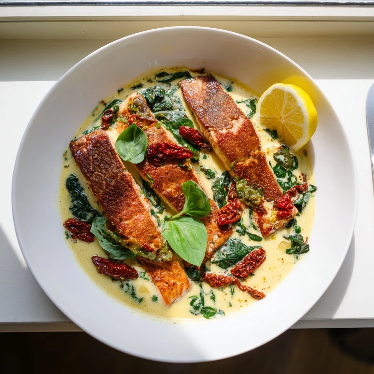 Pan-seared salmon fillets resting in rich creamy Tuscan sauce with sun-dried tomatoes and wilted spinach