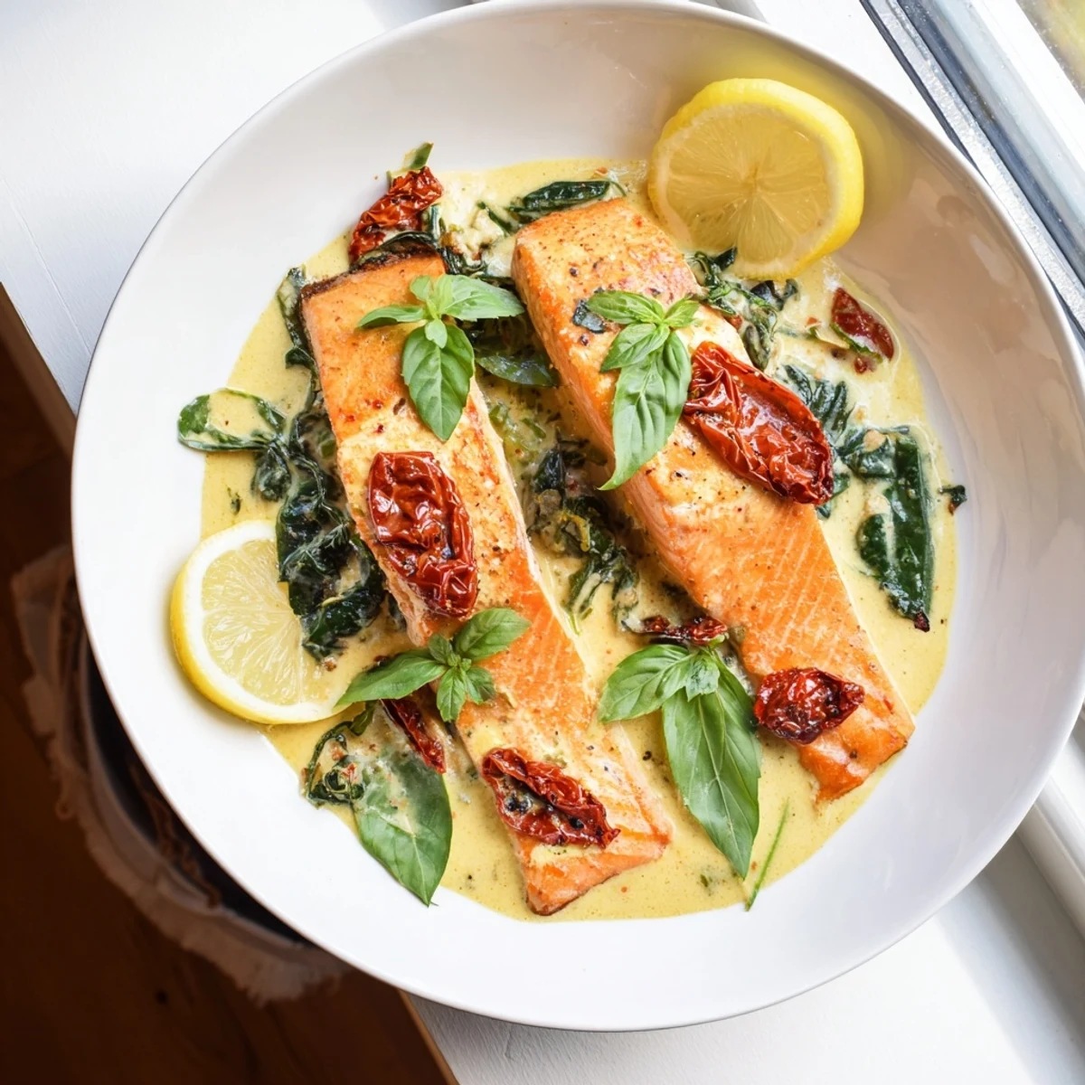 Golden brown salmon pieces simmered in garlic parmesan cream sauce topped with vibrant sun-dried tomatoes