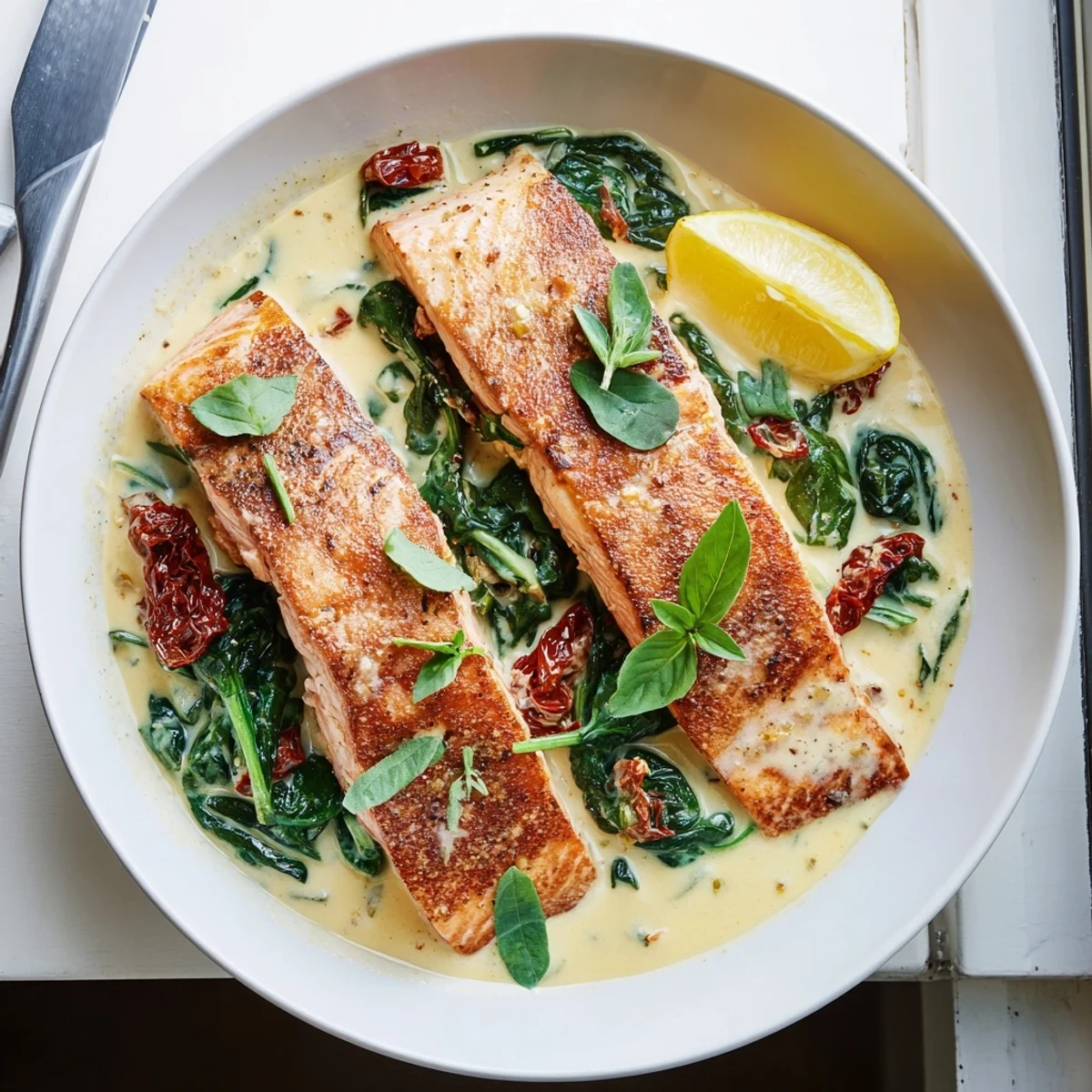 Creamy Tuscan salmon dish plated with white sauce fresh spinach garnish and lemon wedge on side