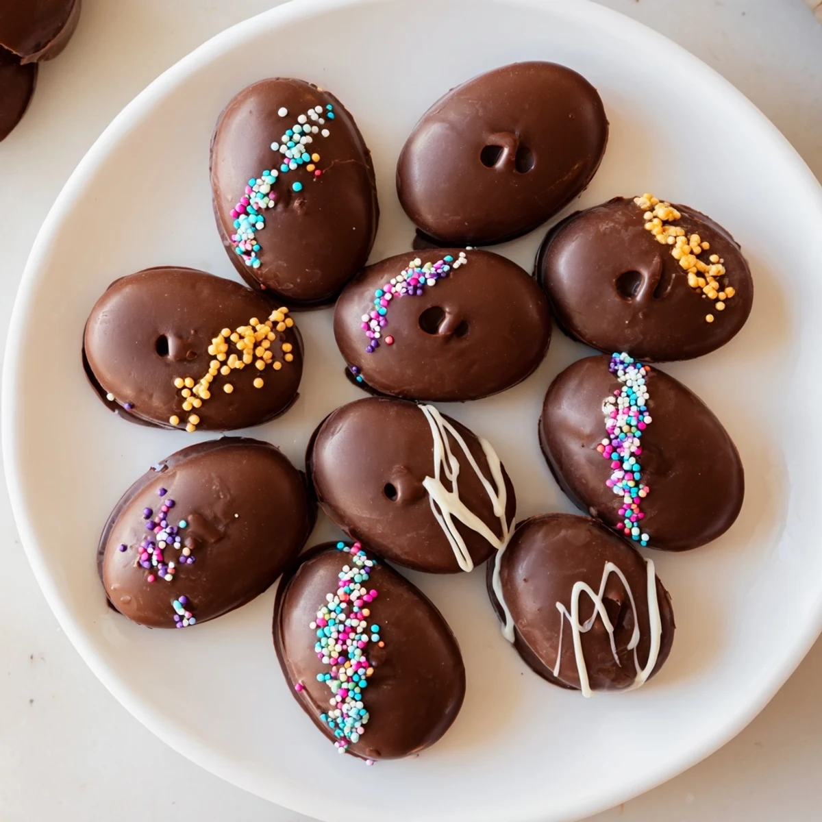 Creamy peanut butter Easter eggs coated in glossy dark chocolate on a white plate