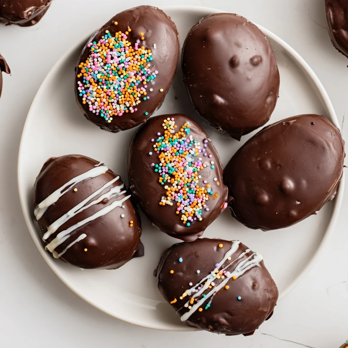 Chocolate-dipped peanut butter Easter eggs arranged on parchment paper for homemade holiday treats