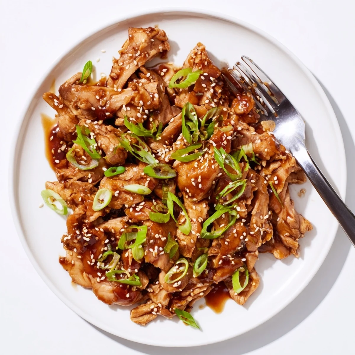 Tender shredded chicken slow-cooked for hours in rich teriyaki sauce with sesame seed topping