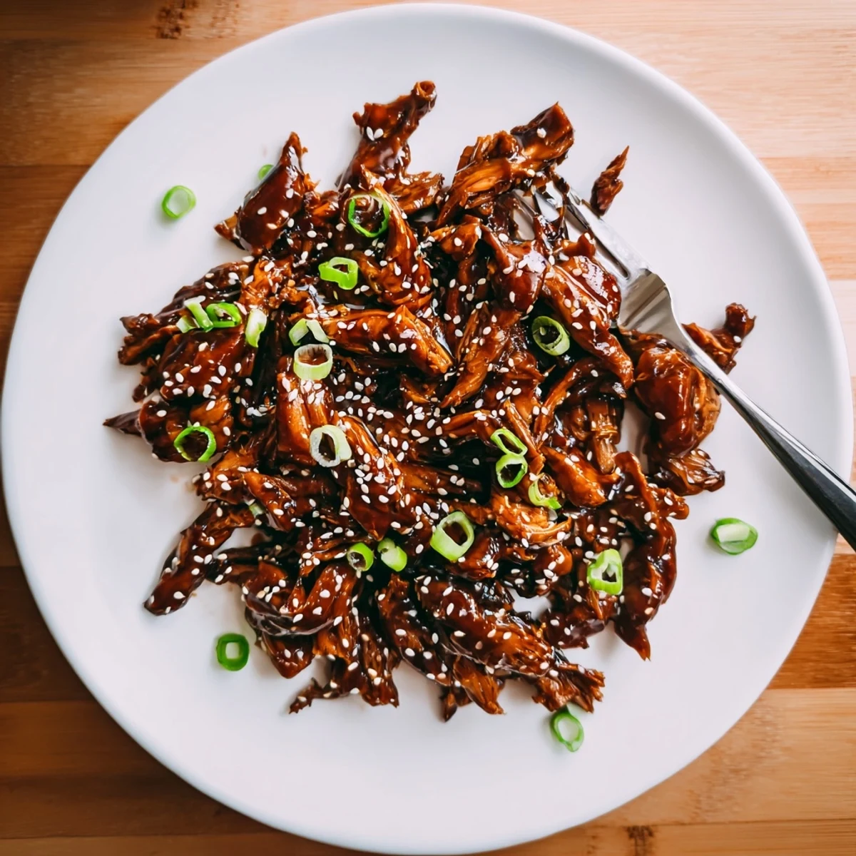 Juicy glazed chicken thighs served steaming hot from the slow cooker with thick savory teriyaki coating