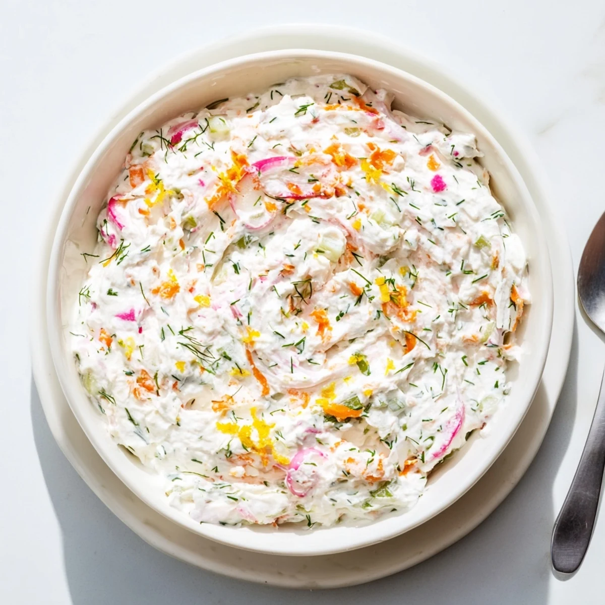 Creamy Easter dip with fresh herbs and colorful vegetables served in a white bowl for spring gatherings