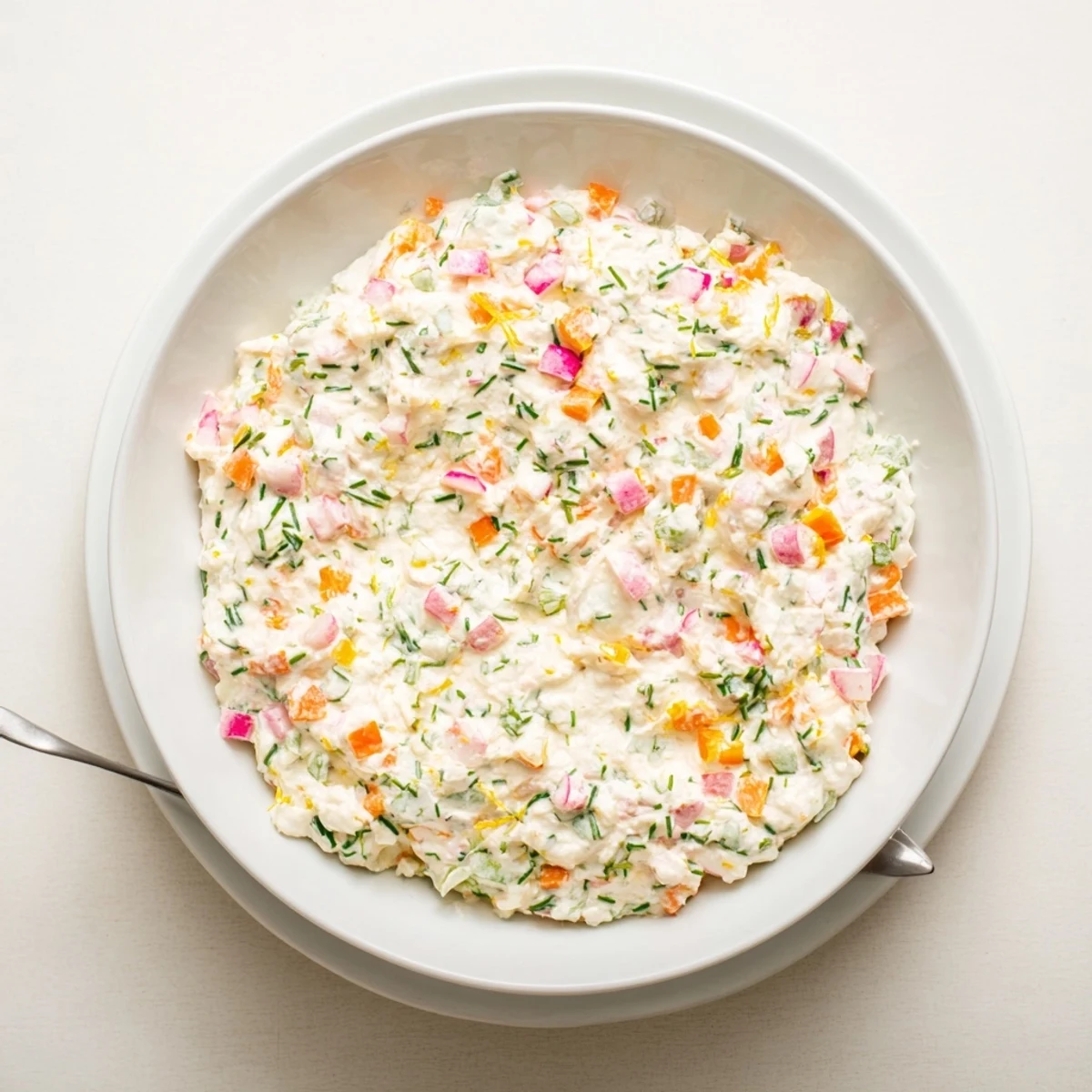 Festive white dip topped with chives dill and parsley beside fresh vegetable crudites on a wooden board