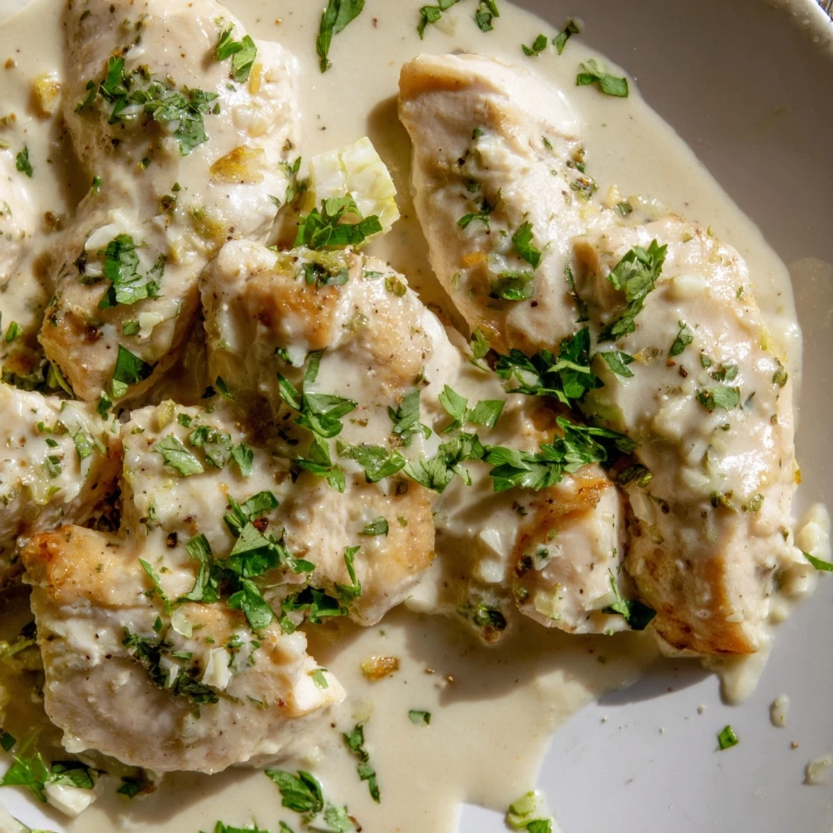 Savory chicken simmered in coconut lime sauce topped with lime wedges and bright cilantro sprigs