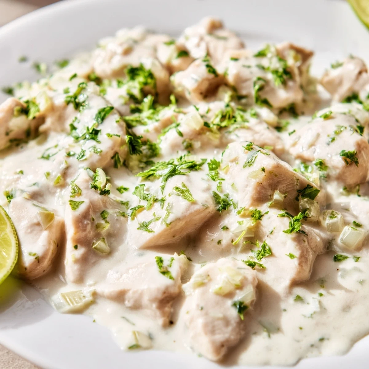 Tender coconut lime chicken plated over white rice drizzled with thick aromatic sauce and herbs