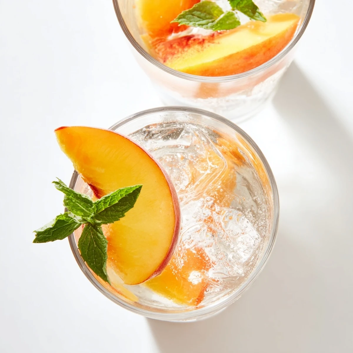 Golden peach puree swirled with sparkling water and fresh ginger in tall glass