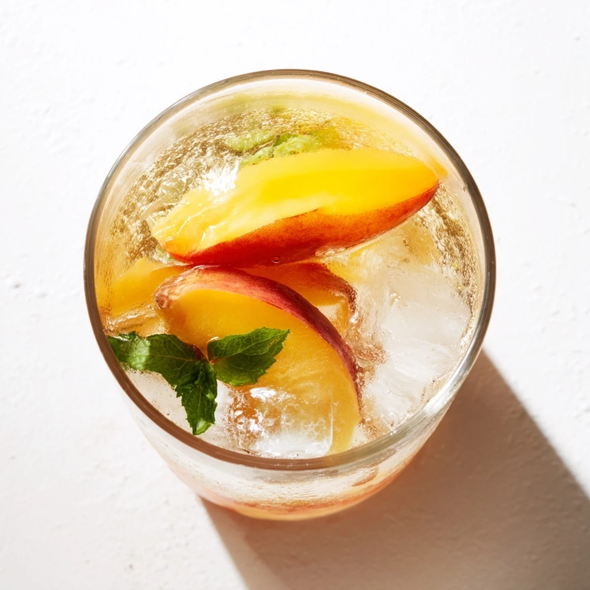 Refreshing summer beverage featuring blended peaches, zesty ginger syrup, and bubbly sparkling water topped with mint garnish