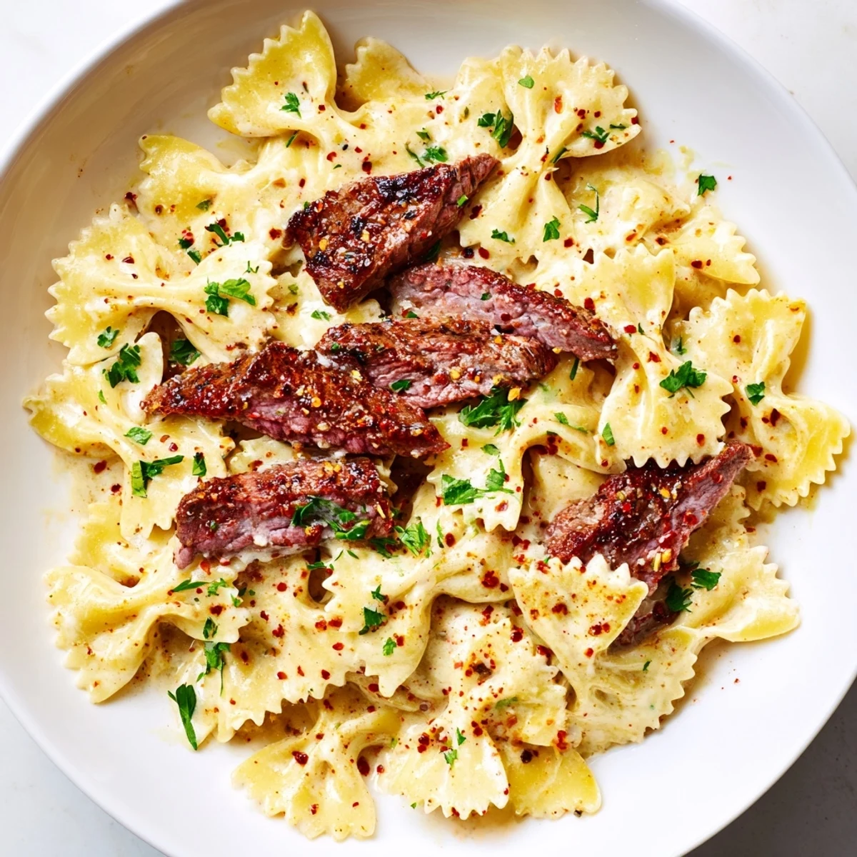 Creamy Cajun cream cheese Alfredo bowties topped with seasoned spiced beef and fresh parsley garnish