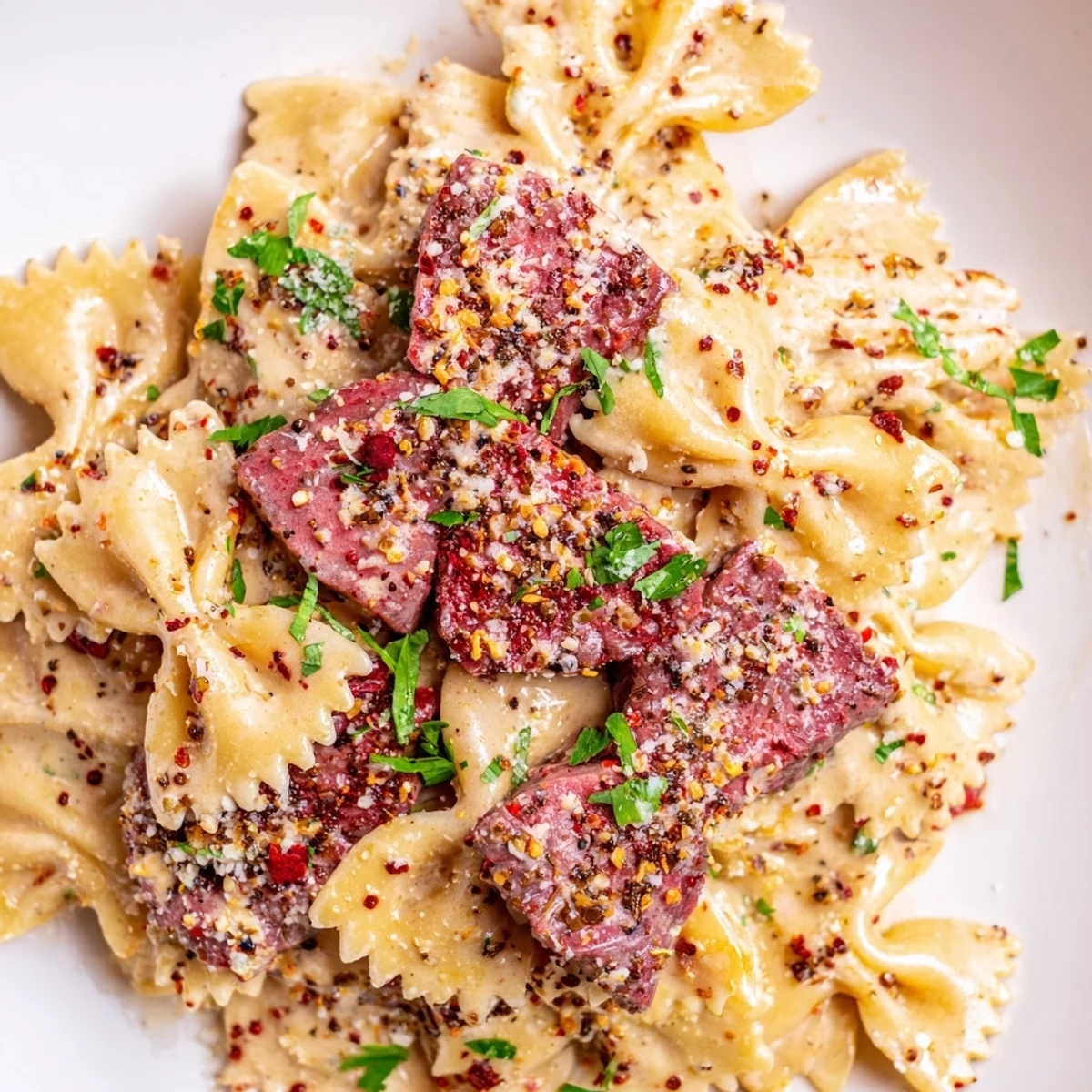 Golden pasta tossed in rich Cajun Alfredo sauce with tender spice-rubbed beef strips on top