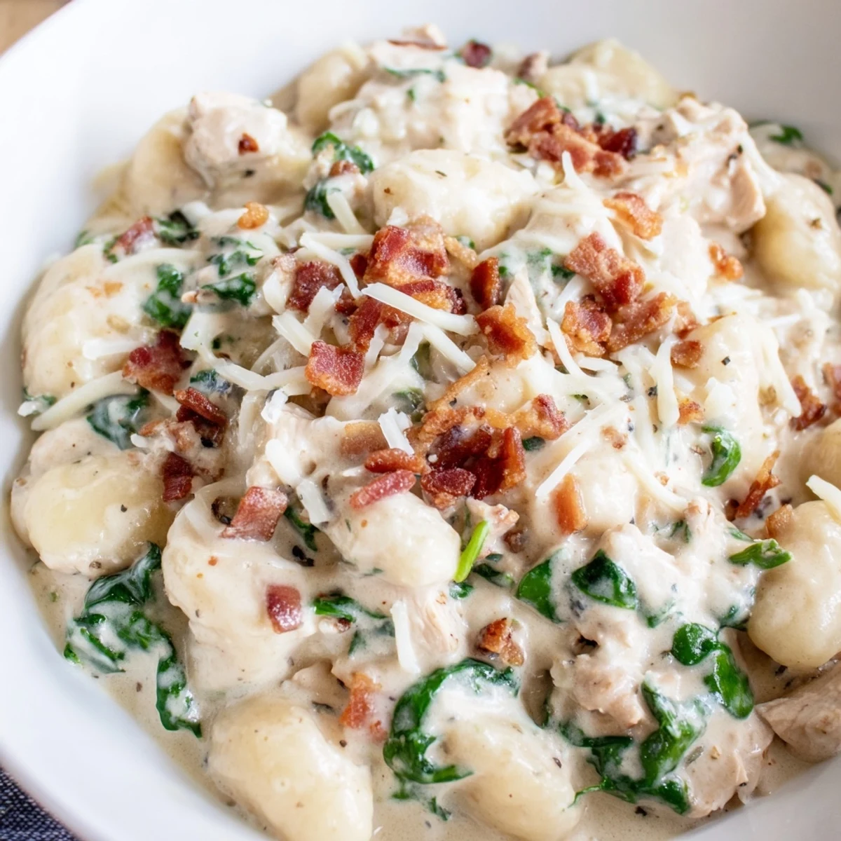 Creamy crack chicken gnocchi with crispy bacon pieces and wilted spinach in a rich cheese sauce