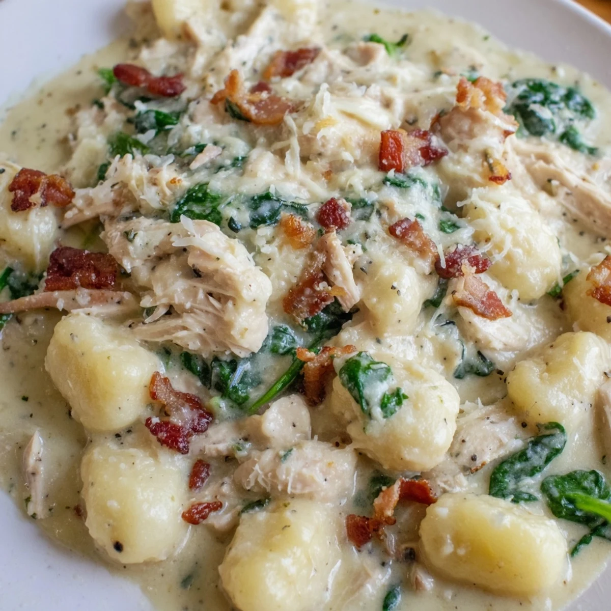 Golden potato gnocchi simmered with seasoned chicken and melted mozzarella in a velvety white sauce