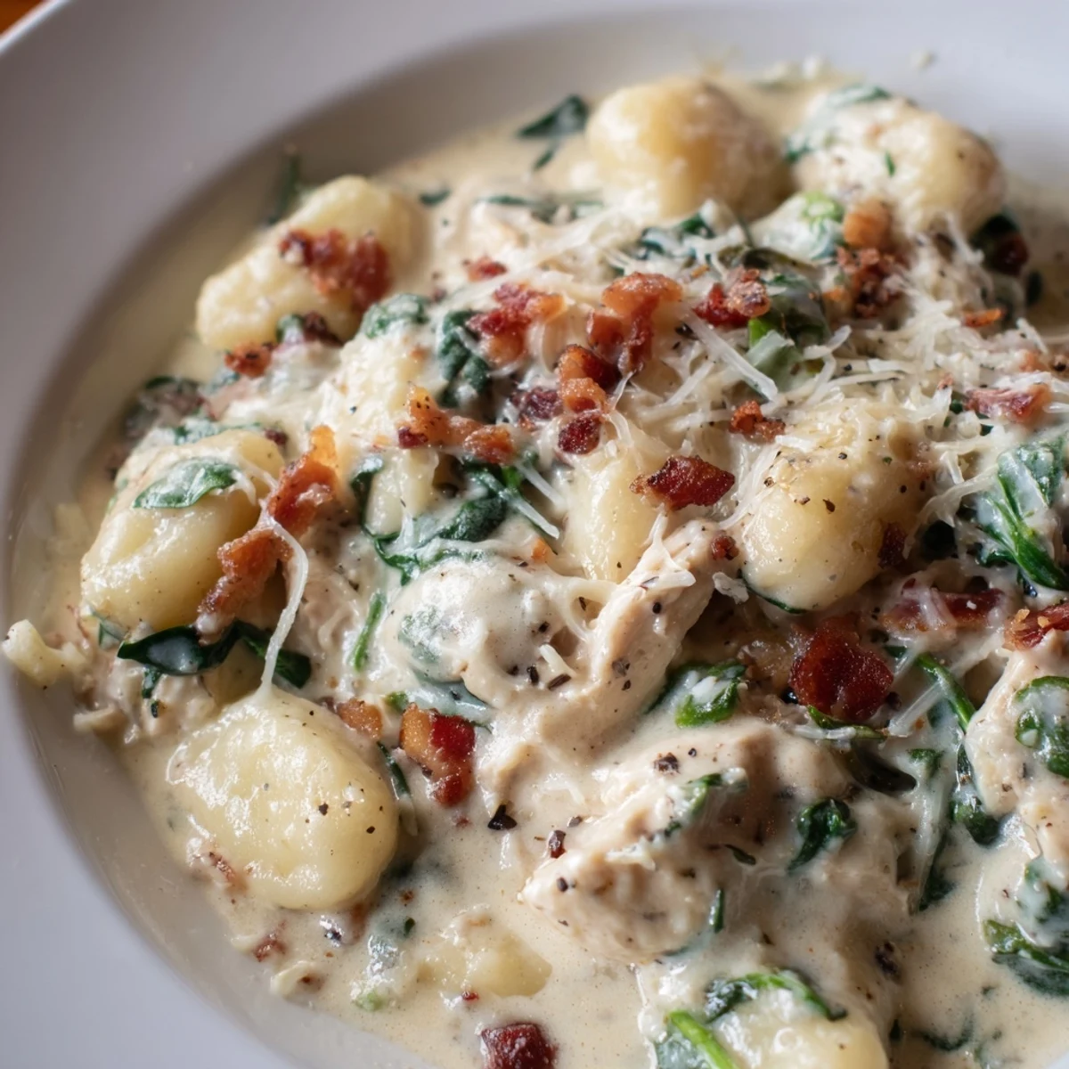 Comforting chicken gnocchi dish topped with bacon and chives, featuring a creamy ranch-infused sauce