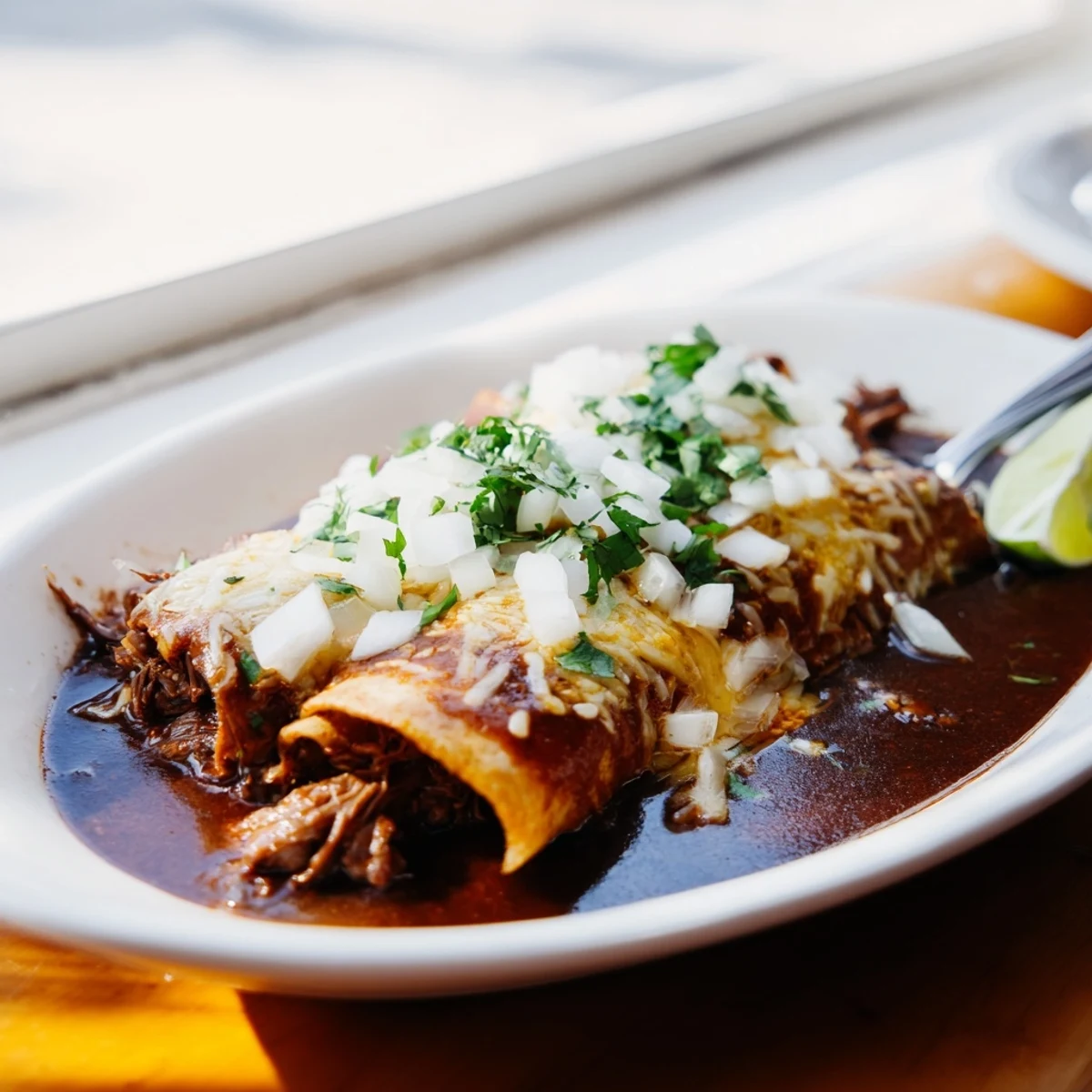 Golden birria enchiladas bubbling with melted Oaxaca cheese and tender shredded beef