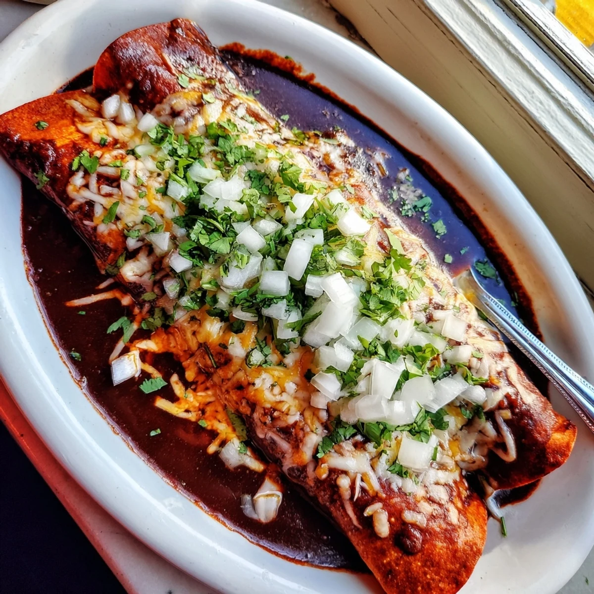Cheesy birria enchiladas garnished with fresh cilantro, diced onion, and lime wedges