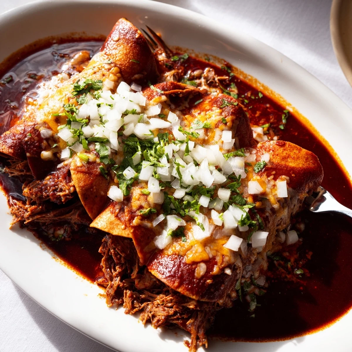 Baked corn tortillas filled with slow-cooked beef birria smothered in rich consommé sauce