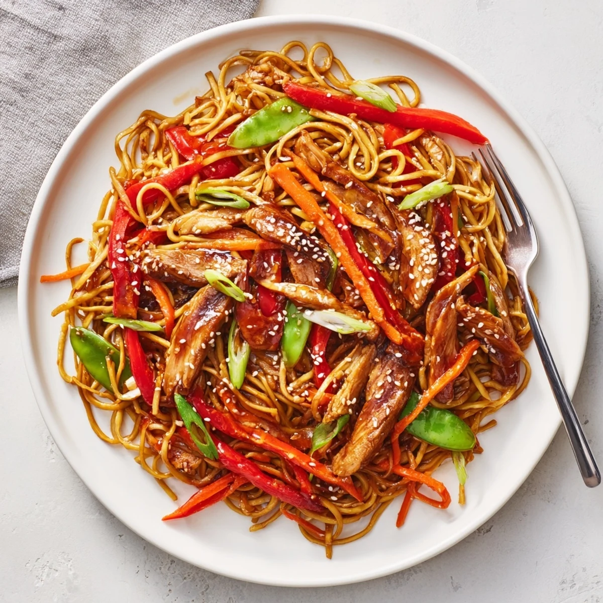 Glossy sticky garlic chicken noodles served in a bowl with colorful vegetables