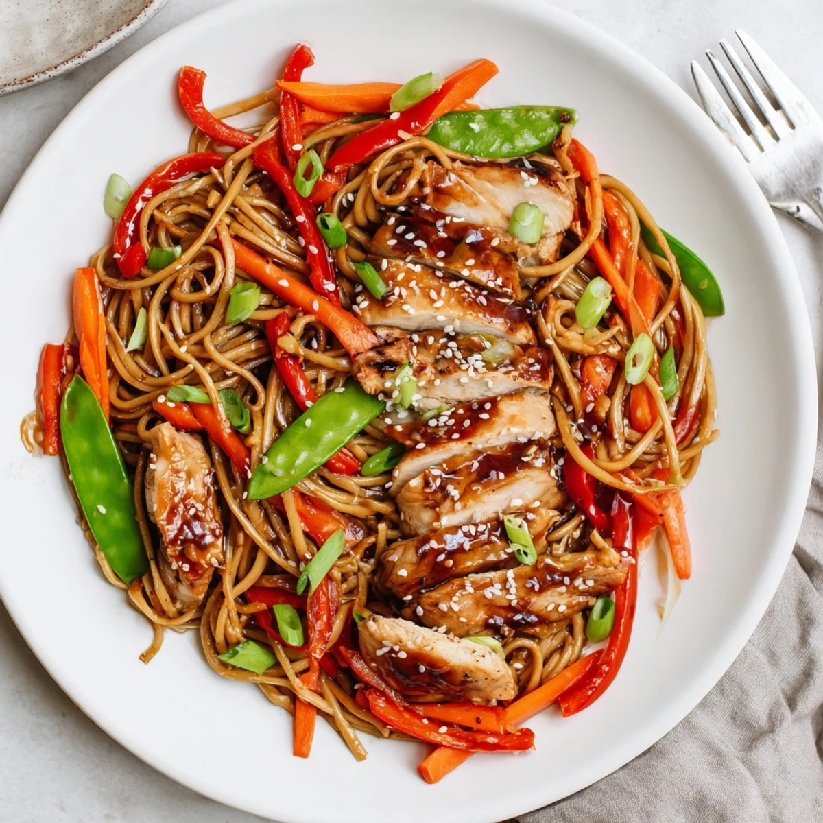 Close-up of sticky garlic chicken noodles with crisp peppers and snap peas