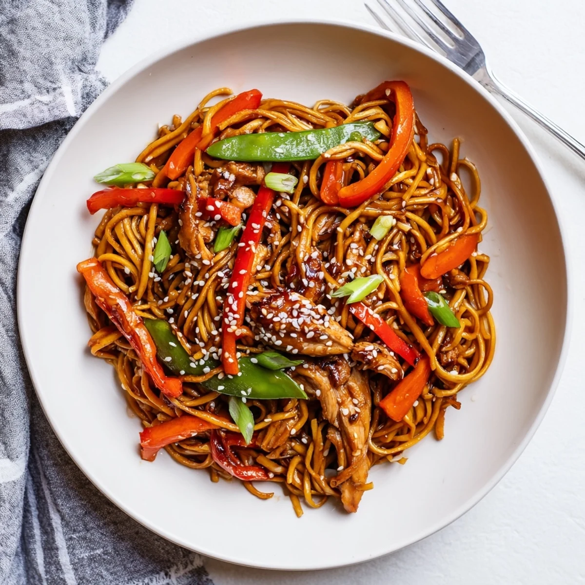 Savory chicken and egg noodles tossed in sweet garlic sauce with sesame seeds