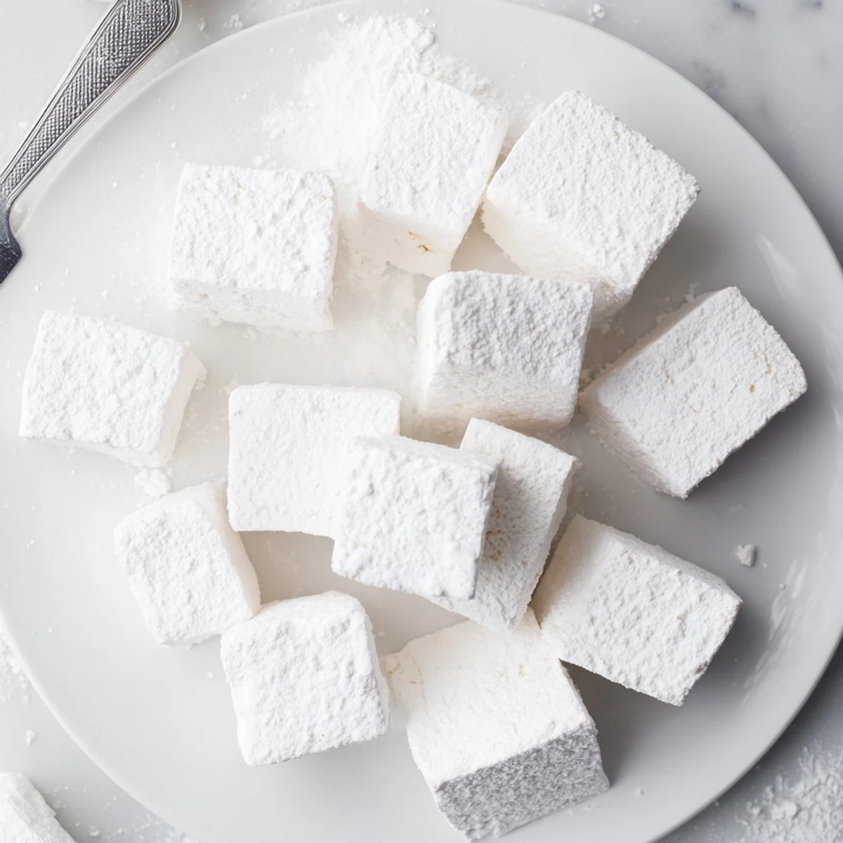 Soft white fluffy homemade marshmallows dusted with powdered sugar ready for snacking