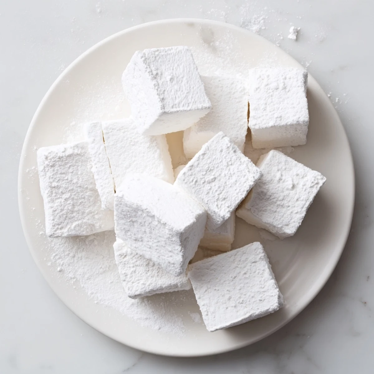 Glossy homemade marshmallows cut into squares and piled high for dessert serving