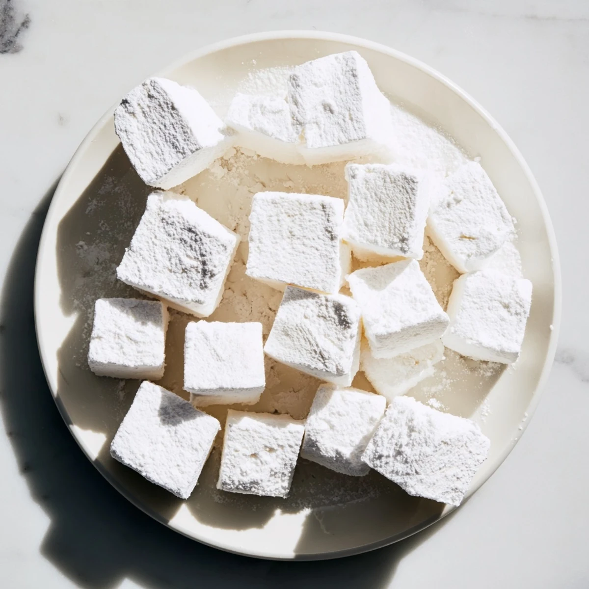 Airy white homemade marshmallows on a wooden board perfect for hot cocoa toppings