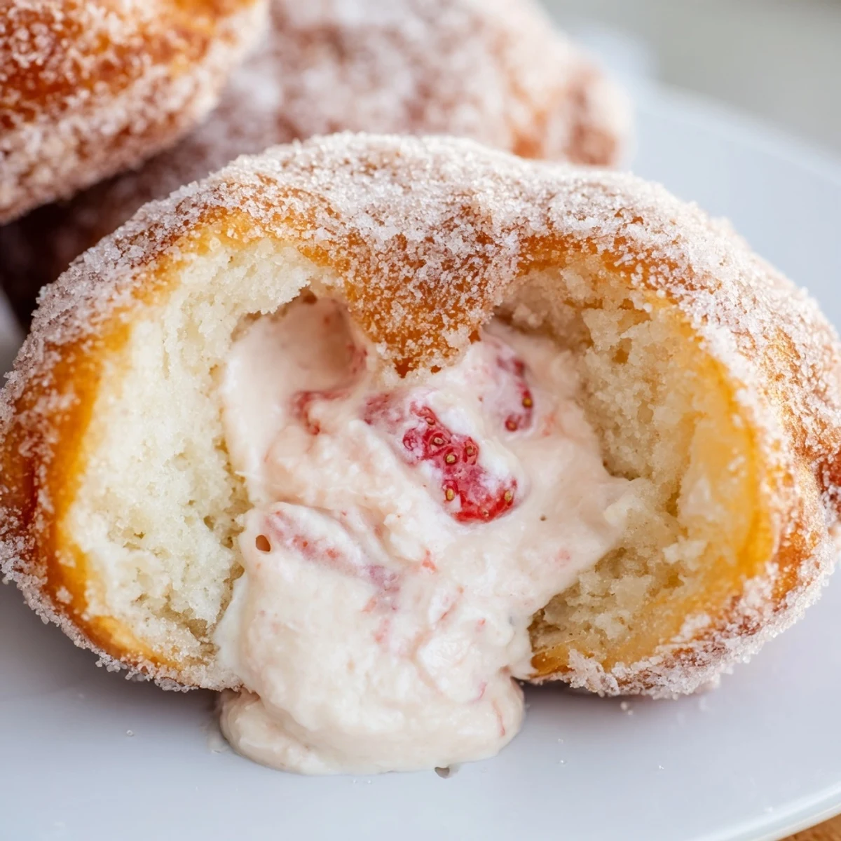 Golden fried strawberry cream filled doughnuts coated in sparkling sugar on a white plate
