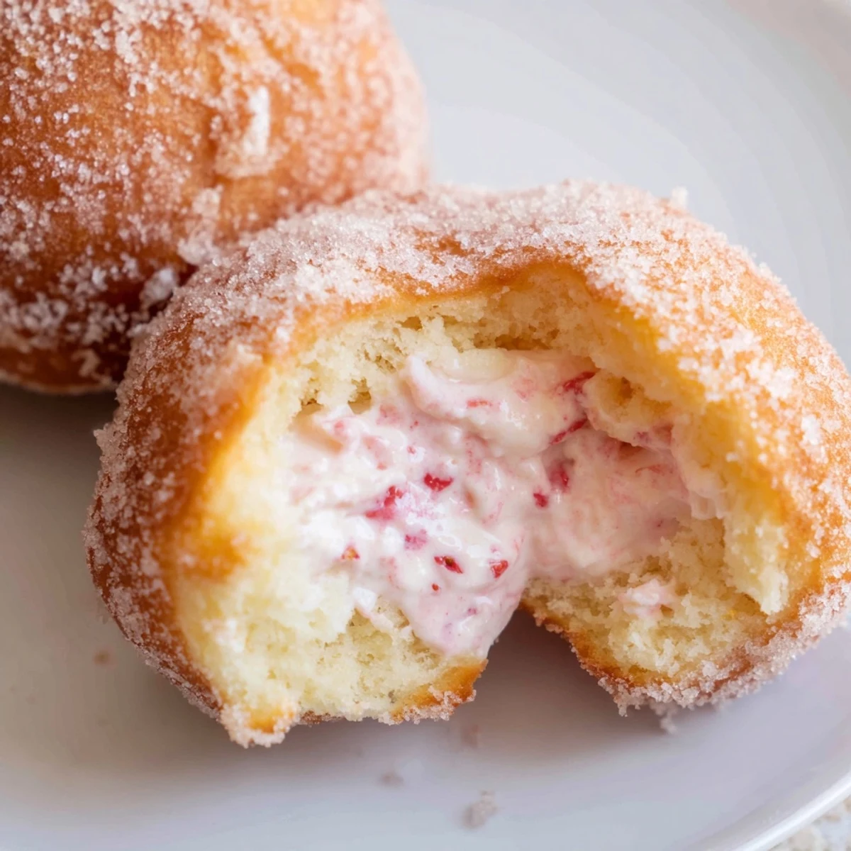Fluffy homemade strawberry cream filled doughnuts with fresh strawberry cream dripping from the center