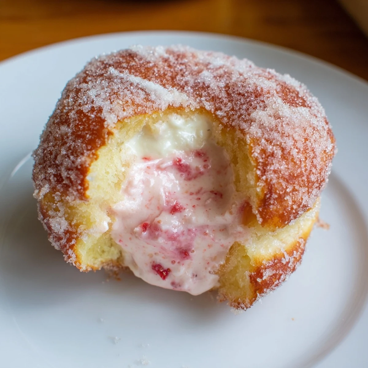 Soft golden doughnuts sliced open to reveal vibrant pink strawberry cream filling inside