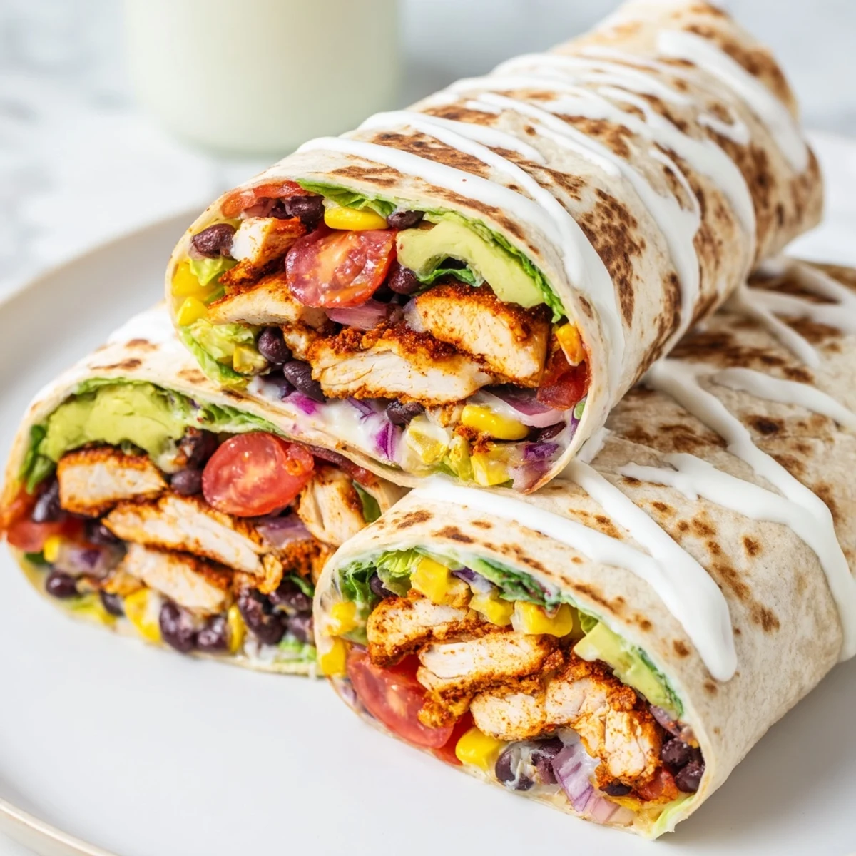 Golden sliced Southwest chicken wraps filled with seasoned chicken, crisp lettuce, and colorful vegetables