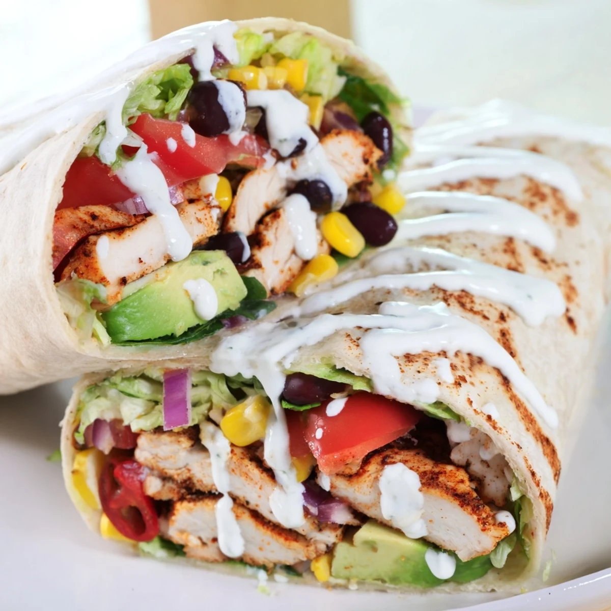 Flour tortilla rolls stuffed with juicy spiced chicken, black beans, corn, and fresh avocado slices